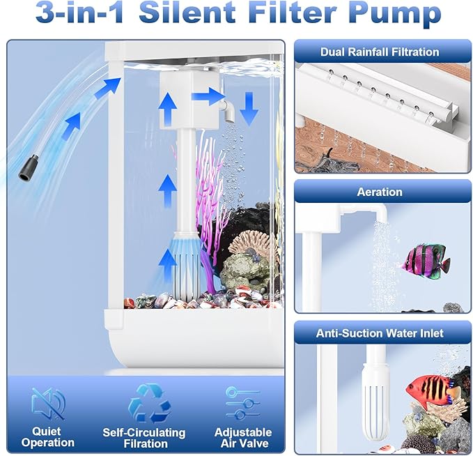 Fish Tank Aquarium 2.2 Gallon with Adjustable 3 Color Light Bead Self Cleaning 3 in 1 Pump with Filteration, Oxygenation, Water Circulation Triple Function, HD Heat Bending Glass, Leak-Proof Base