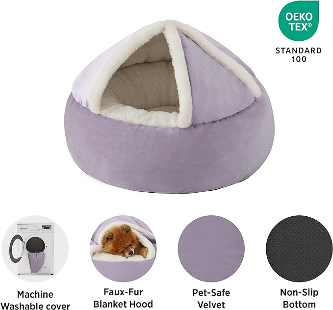 Lesure Medium Dog Bed with Cover Cave - Covered Round Dog Bed for Small and Medium Dogs, Machine Washable Burrow Pet Bed with Hooded Blanket, Cozy Cave Dog Bed with Anti-Slip Bottom, Purple 26"