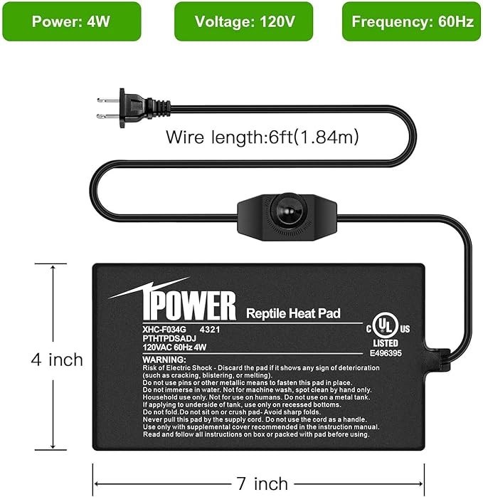 iPower 4 by 7-Inch Reptile Heat Mat with Temperature Adjustable Controller Knob, LCD Digital Aquarium Thermometer, Under Tank Warmer Terrarium Heat Pad for Reptiles and Amphibians