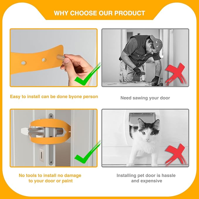 Cat Door Holder Latch Larger Adjustable Cat Door Alternative Fast Latch Strap Let Cats in and Keeps Dogs Out of Litter & Food and Safe Baby Proof No Measuring Easy to Install 3Pcs Yellow