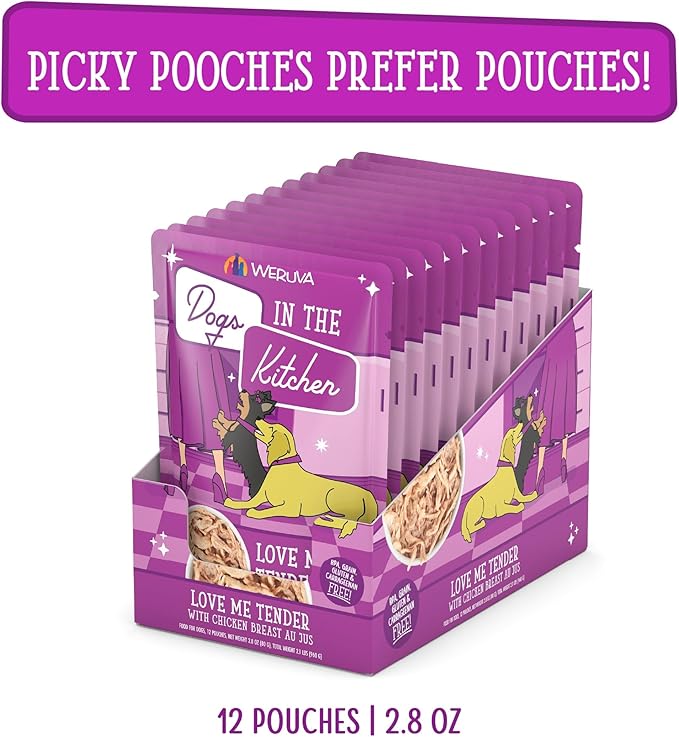 Weruva Dogs in The Kitchen, Love Me Tender with Chicken Breast Au Jus Dog Food, 2.8oz Pouch (Pack of 12), Purple