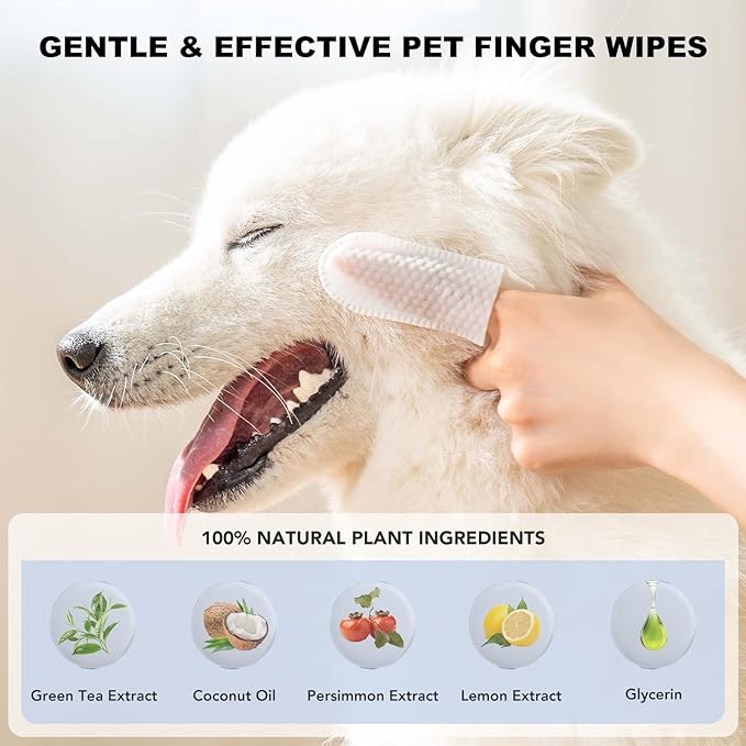 Ear Finger Wipes & Dental Wipes for Dogs & Cats- Gently Remove Ear Wax & Debris, Plaque & Tartar-Disposable Ear Wipes, Teeth Cleaning Wipes, Eyes Wipes-All Natural Ingredients (50 Count)