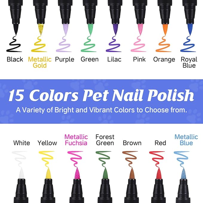 Dog Nail Polish Pens Quick Dry,15 Colors Safe Dog Nail Polish Set to DIY Pretty Nails, Ideal Gifts for Dogs Cats Light Dark Nails, Odorless, Non-Toxic, Water-Based Pet Nail Accessories Set