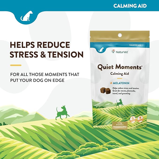 NaturVet Quiet Moments Calming Aid Dog Supplement – Helps Promote Relaxation, Reduce Stress, Storm Anxiety, Motion Sickness for Dogs – Tasty Pet Soft Chews with Melatonin – 65 Ct.