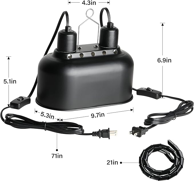 Simple Deluxe Dual Reptile Light Fixture, Aluminum Reflector Dome Lamp Cap, Combo Heat-Lighting Lamp Double Sockets Bulbs Holder with Independent Switches, for Amphibians Terrarium, Turtle Tank