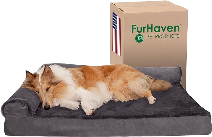 Furhaven Cooling Gel Dog Bed for Large Dogs w/ Removable Bolsters & Washable Cover, For Dogs Up to 95 lbs - Plush & Velvet L Shaped Chaise - Platinum Gray, Jumbo/XL