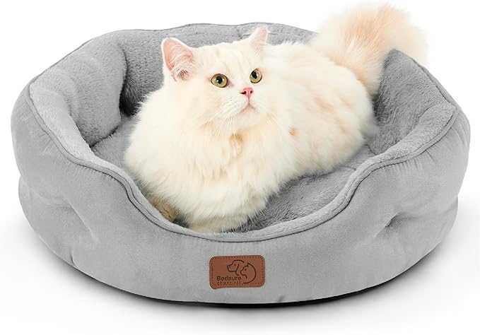 Bedsure Dog Beds for Small Dogs - Round Cat Beds for Indoor Cats, Washable Pet Bed for Puppy and Kitten with Slip-Resistant Bottom, 20 Inches, Pale Grey