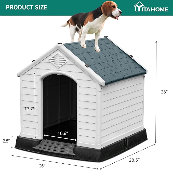 YITAHOME 28.5'' Plastic Dog House Outdoor Indoor Doghouse Puppy Shelter Water Resistant Easy Assembly Sturdy Dog Kennel with Air Vents and Elevated Floor (28.5''L*26''W*28''H, Gray)