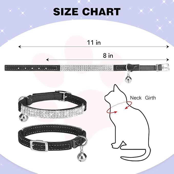 BINGPET Diamond Cat Collar, Adjustable Soft Velvet Leather Safe Kitten Collar with Shiny Rhinestones and Bells, Girl Boy Bling Stylish Cat Collars with Safety Elastic for Small Medium Cats,Black