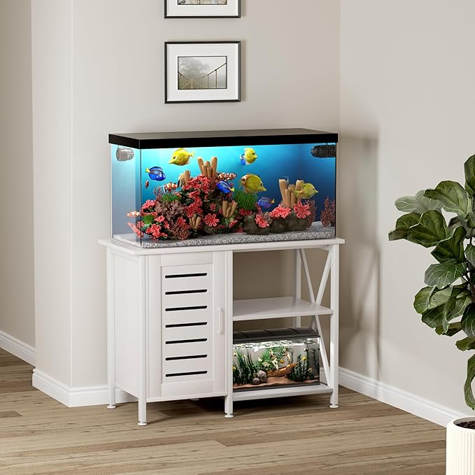 40-50 Gallon Fish Tank Stand, Aquarium Stand with Cabinet Accessories Storage, Heavy Duty Metal Frame, 40.55" L*18.89" W Tabletop, 850LBS Capacity, White PG02YGW