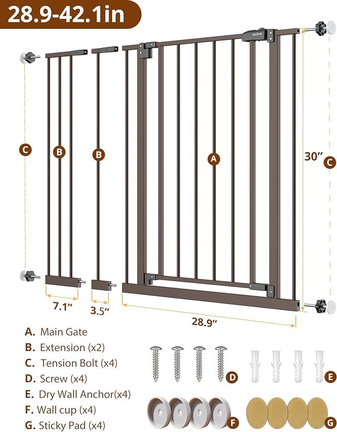 InnoTruth Baby Gate for Stairs 28.9-42.1" Wide, 30" Tall Easy Step Walk Through Expandable Dual Lock Dog Gates for The House, Metal Pressure Mounted Easy Install Pet Gate for Dogs, Brown