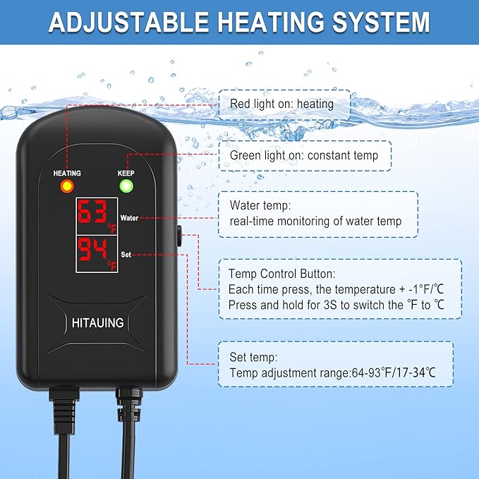 HiTauing Aquarium Heater, 500W Fish Tank Heater with LED Digital Display & 5 Safety Protection, Submersible Aquarium Heater with 2 Suction Cup and 8.2Ft Cord for 75-120 Gallon Fish Tank.