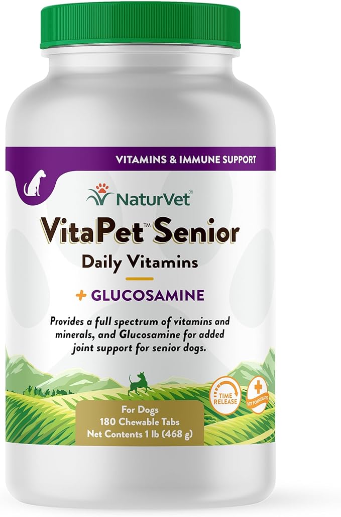 NaturVet VitaPet Senior Daily Vitamins Plus Glucosamine, Dog Multivitamin Supplement, Chewable Tablets, Time Release, Made in The USA with Globally Source Ingredients 180 Count