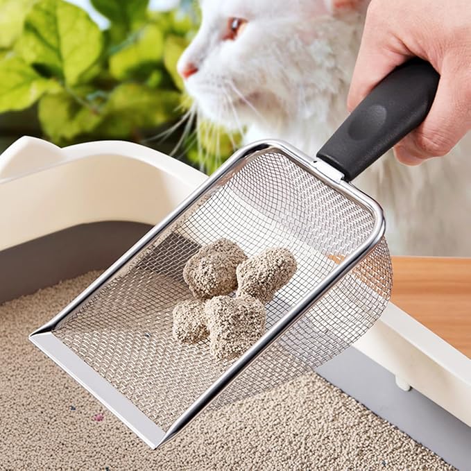 Cat Litter Scoop,Sturdy Litter Cleaner Corner Shovel,Stainless Steel Mesh Litter Shovel,Easy to Clean Reptile Terrarium Sand Waste,Beach Shovel(Black)