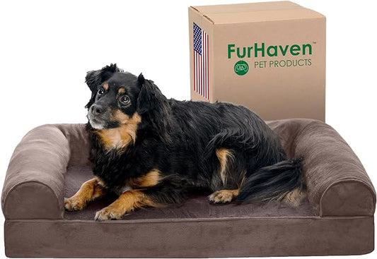 Furhaven Orthopedic Dog Bed for Medium/Small Dogs w/ Removable Bolsters & Washable Cover, For Dogs Up to 35 lbs - Faux Fur & Velvet Sofa - Driftwood Brown, Medium