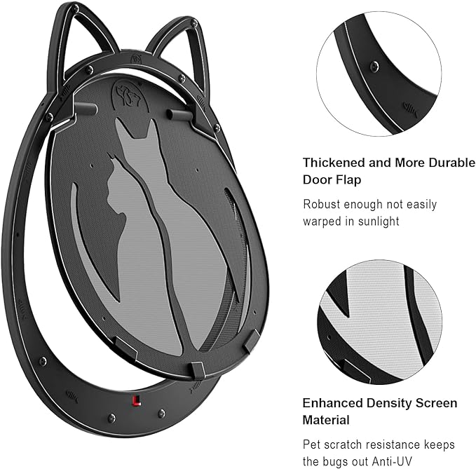 Cat Door for Screen Door, Inside Openning 10x10x0.5 inch, Patent Desigh Pet Screen Door with Lockable Magnetic Flap for Doggy and Cat Door, Suitable 0-32lb Cats and Small Dogs, Black