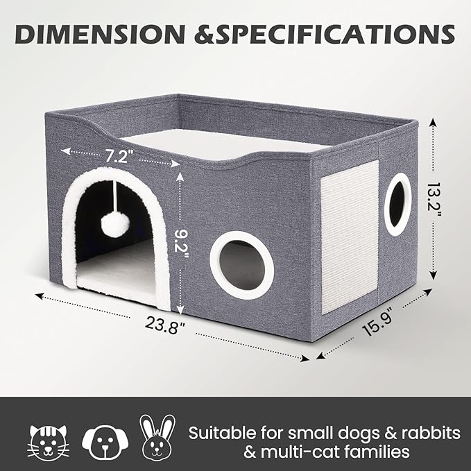Heeyoo Cat House for Indoor Cats - Large Cat Bed Cave with Fluffy Ball and Scratch Pad, Foldable Cat Houses & Condos, Cat Cubes, Cat Hideaway, Covered Cat Bed for Multi Small Pet Large Kitty