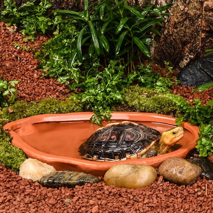 Flushbay Extra Large Reptile Bathing Pool Tortoise Bathing Pool Reptile Feeding Dish Water Bath Bowl Aquarium Ornament for Gecko, Snake, Turtle, Bearded Dragon, Lizard Bath (Red Pottery)