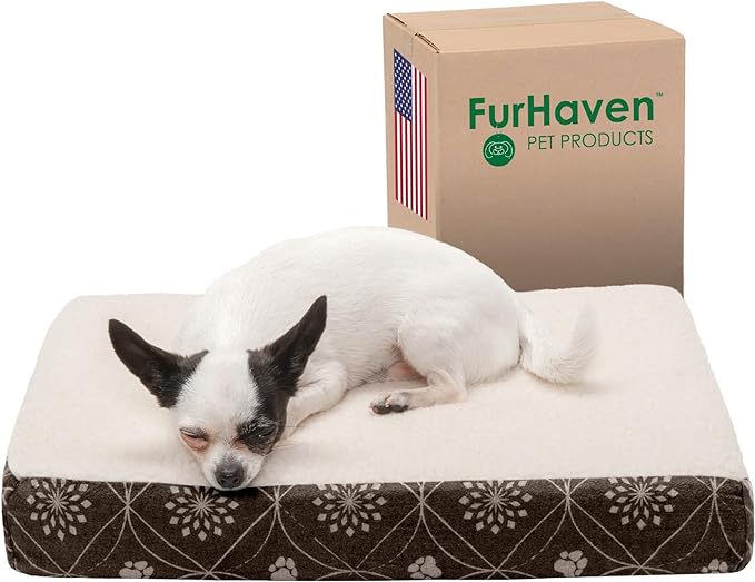 Furhaven Memory Foam Dog Bed for Small Dogs w/ Removable Washable Cover, For Dogs Up to 20 lbs - Sherpa & Flannel Paw Print Deluxe Mattress - Dark Espresso, Small