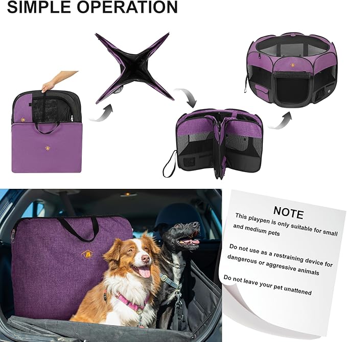 Pet Puppy Dog Playpen, kitten Playpen Indoor/Outdoor, Portable Dog Play Pen Tent Crates Cage for Medium Dog and Cat, Foldable Pop Up Dog Kennel Playpen with Waterproof Bottom & Top Cover, Purple