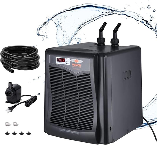 VEVOR Aquarium Chiller, 110 Gal 416 L, 1/3 HP Hydroponic Water Chiller, Quiet Refrigeration Compressor for Seawater and Fresh Water, Fish Tank Cooling System with Pump/Hose, for Jellyfish, Coral Reef