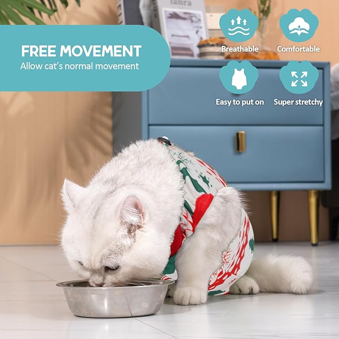 Avont Cat Recovery Suit, Cat Onesie for Cats After Spay Surgery Healing, Cat E-Collar Cone Alternative for Surgical Recovery Skin Diseases -Christmas(M)