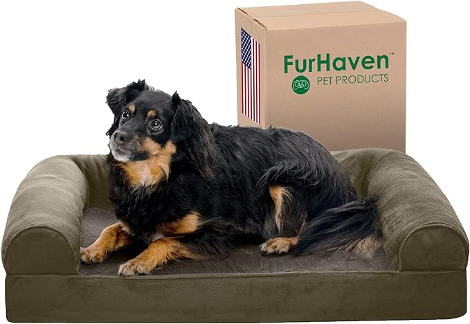 Furhaven Orthopedic Dog Bed for Medium/Small Dogs w/ Removable Bolsters & Washable Cover, For Dogs Up to 35 lbs - Faux Fur & Velvet Sofa - Dark Sage, Medium