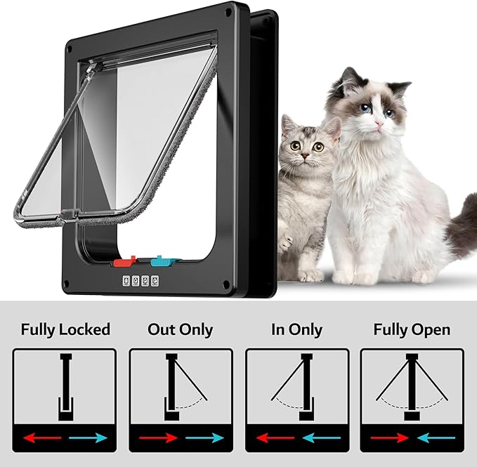 Extra Large Cat Door, Pet Door for Dog or Cat, 4 Switch Modes Locking Cat Door Interior Door Suitable for Window and Wall (Black)