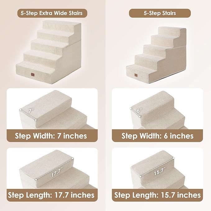 EHEYCIGA Dog Stairs for High Bed 25”H, 5-Step Extra Wide Dog Steps for Bed, Pet Steps for Small Dogs and Cats, Non-Slip Balanced Dog Indoor Ramp, Beige