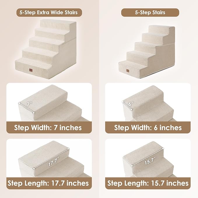 EHEYCIGA Dog Stairs for High Bed 25”H, 5-Step Extra Wide Dog Steps for Bed, Pet Steps for Small Dogs and Cats, Non-Slip Balanced Dog Indoor Ramp, Beige