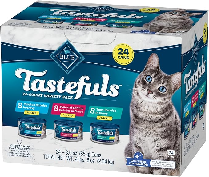 Blue Buffalo Tastefuls Natural Flaked Wet Cat Food Variety Pack, Tuna, Chicken and Fish & Shrimp Entrées in Gravy 3-oz Cans (24 Count)