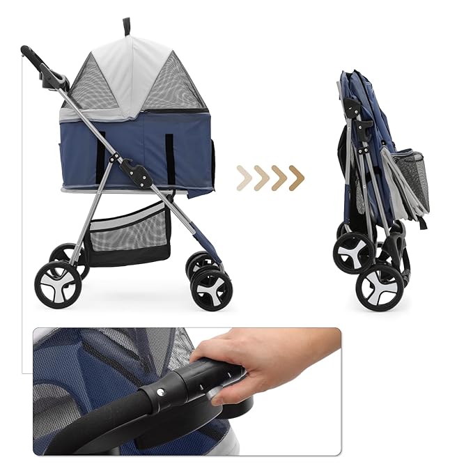 MoNiBloom 3-in-1 Foldable Pet Stroller Detachable Carrier, Car Seat and Stroller with Push Button Entry for Small Pets, Dog Stroller for Medium Dogs Load Up to 33 lbs, Navy Blue