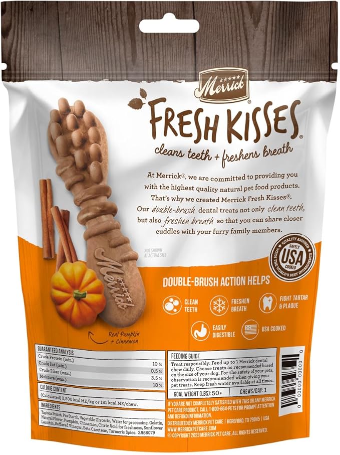 Merrick Fresh Kisses Natural Dental Chews, Treats Infused with Pumpkin and Cinnamon for Large Dogs Over 50 Lbs - 10 oz. Pouch