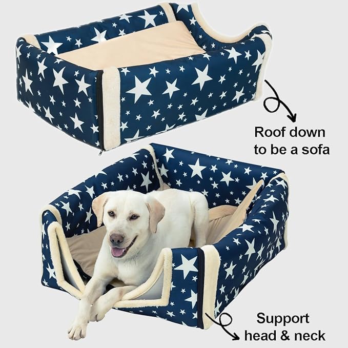 ANPPEX Dog House Indoor,2 in 1 Washable Covered Dog Bed,Insulated Cozy Dog Igloo Cave,2XL Size for Large Dogs,Blue