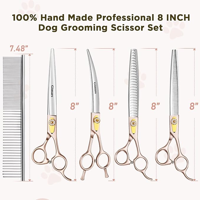 Gimars 8 Inch Professional 440C Stainless Steel Dog Grooming Scissors Heavy Duty 6 In 1 - Straight, Thinning, Chunker, Curved Shears and Comb, Ergonomic Pet Grooming Scissor for Dogs, Cats