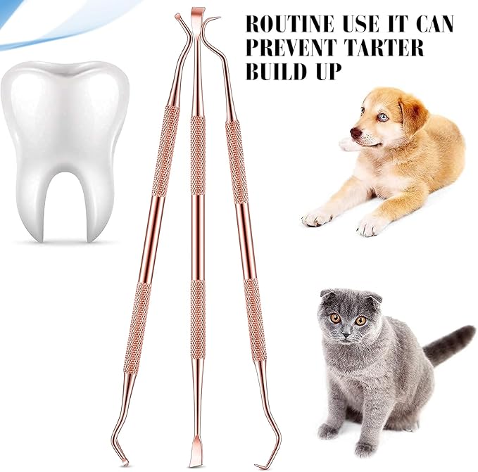 3 Pieces Dog Dental Tooth Scaler and Scraper Stainless Double Headed Tarter Removing Tool Scraper Pet Teeth Cleaning Tools for Dog and Cat (Rose Gold)