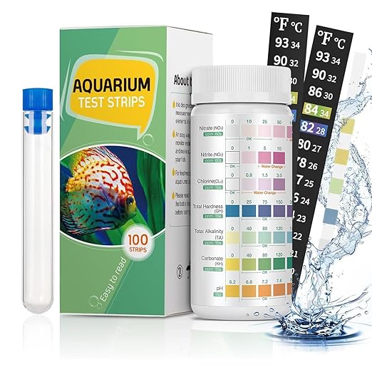 Pawfly 7 in 1 Aquarium Test Strips, 100 Strips Fish Tank Testing Strips for pH Chlorine Nitrate Nitrite Carbonate Hardness Total Alkalinity Water Quality Freshwater Saltwater Test Kit