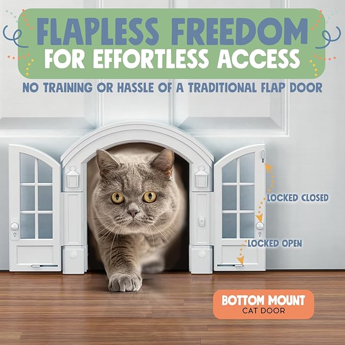 Purrfect Portal French Cat Door - Stylish No-Flap Cat Door Interior Door for Average-Sized Cats Up to 20 lbs, Easy DIY Setup, Secured Installation in Minutes, No Training Needed, 7.13 x 8.32”