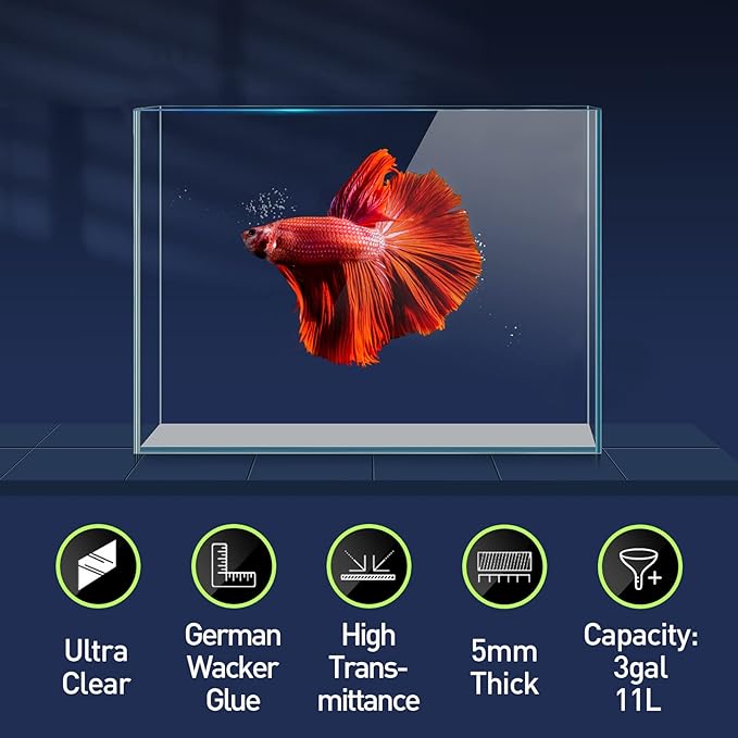 3 Gallon Ultra Clear Glass Fish Tank, Rimless Low Iron Aquarium for Betta/Nano/Goldfish/Snail/Shrimp, Small Fish Tank with Fish Net & Cleaning Tools