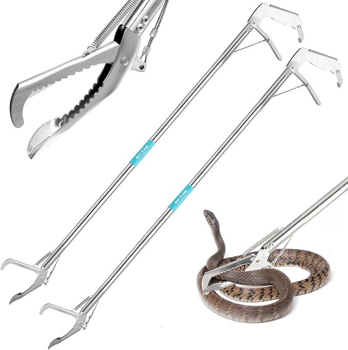 2 Pieces 47 Inch Snake Tongs Rattlesnake Grabber Collapsible Snake Grabber Tool Stainless Steel Reptile Grabbing Stick with Lock Zigzag Wide Jaw for Outdoor