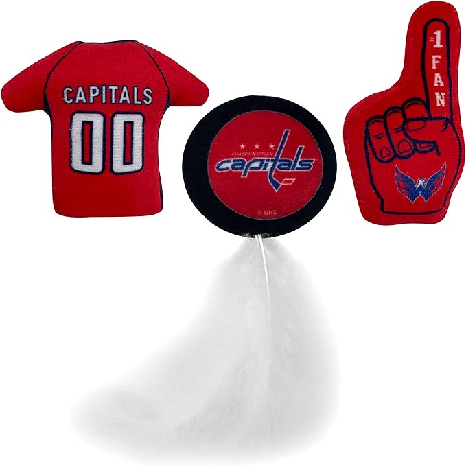 BEST PLUSH CAT TOY NHL WASHINGTON CAPITALS Complete Set of 3 piece Cat Toys filled with Fresh Catnip. Includes: 1 Jersey Cat Toy, 1 Hockey Puck Cat Toy with Feathers & 1 #1 Fan Cat Toy. With Team LOGO