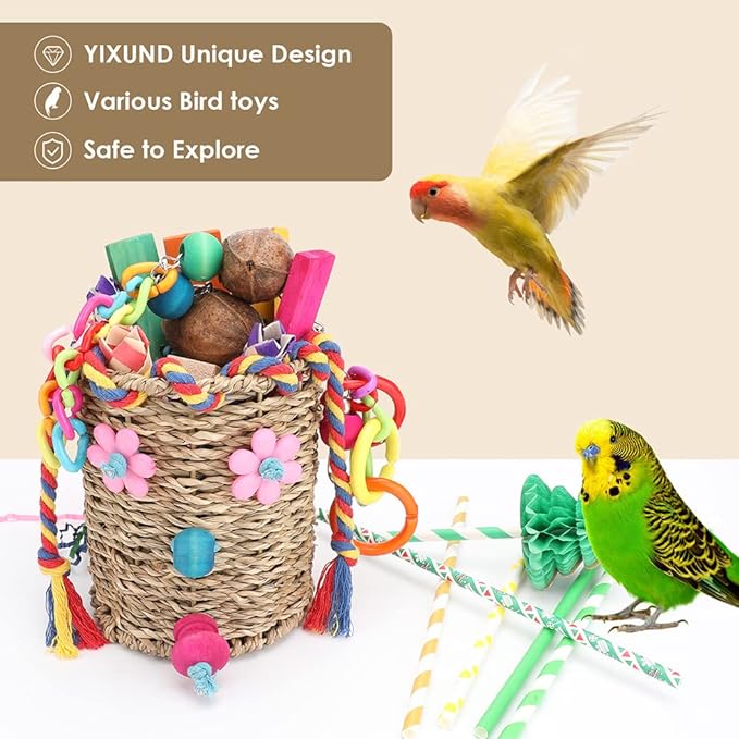 Bird Toys,Seagrass Foraging Basket Bird Toy with Colorful Crinkly Paper Wooden Blocks Paper and Bamboo Fingers Nuts DIY Honeycomb Tree for Small Parrot Birds