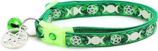 Wicca Cat Collar with Occult Charm & Bell | Witch’s Familiar Cat Collar | Witch Kitten Collar Charms | Glow in The Dark | Safety Breakaway Collar (Large(10lbs & Up), Emerald)