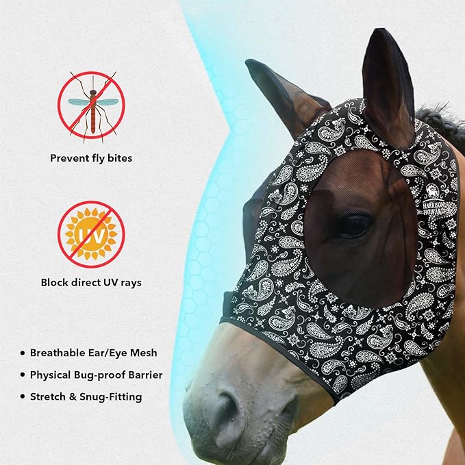 Harrison Howard Super Comfort Stretchy Fly Mask Large Eye Space with UV Protection Soft on Skin with Breathability Paisley Wave Cob (Medium)