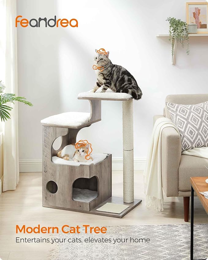 Feandrea WoodyWonders Cat Tree, 33.8-Inch Modern Cat Tower, Cat Condo with 3 Perches, Scratching Post and Mat, Cave, 4 Removable Washable Cushions, Heather Greige UPCT070G01