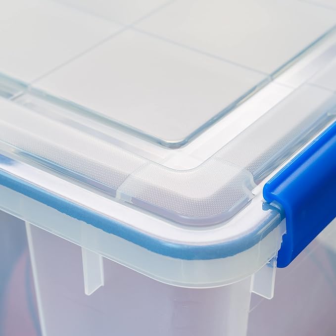 IRIS USA 74 Qt Storage Box with Gasket Seal Lid, 3 Pack - BPA-Free, Made in USA - Heavy Duty Moving Containers with Tight Latch, Weather Proof Tote Bin, WEATHERPRO - Clear/Blue