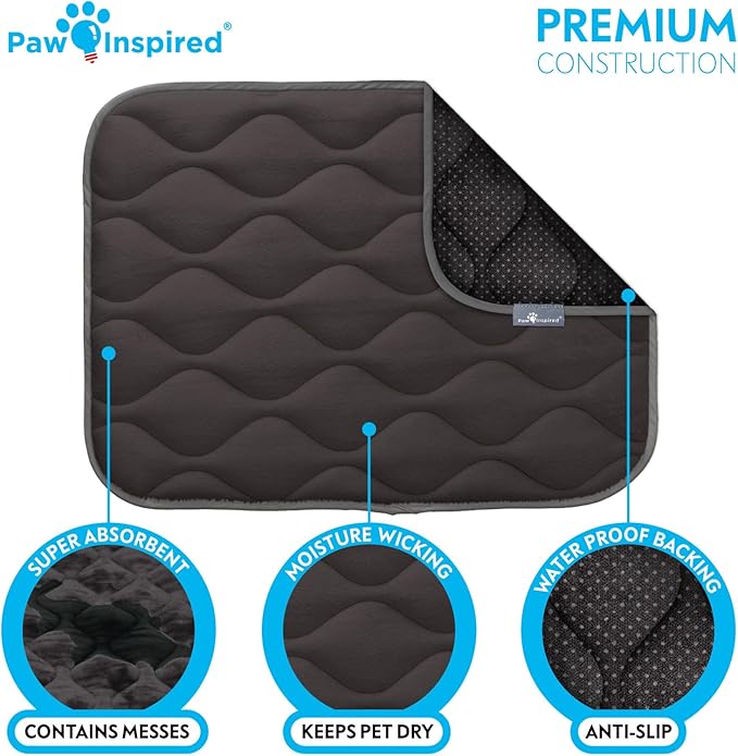 Paw Inspired Washable Padded Crate Mats for Dogs | 23” x 17” Pad, Fits 24-inch Kennels | Leakproof, Waterproof Bottom, Plush Pet Beds (Gray)