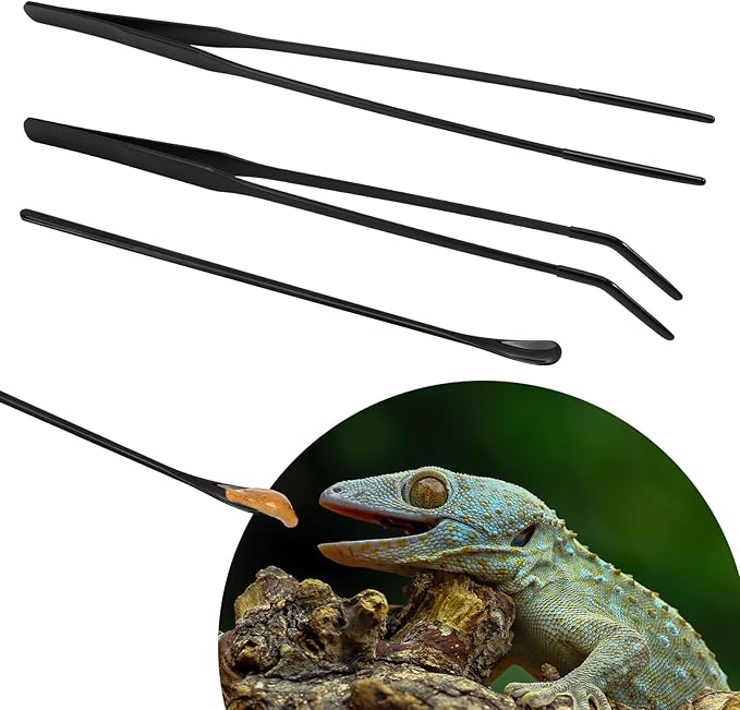 3 Pcs Stainless Steel Reptile Feeding Tool Set with 2 Rubber Tipped Tongs and 1 Crested Gecko Feeding Spoon, Crested Gecko Tank Accessories for Geckos, Lizards, Bearded Dragons,Black