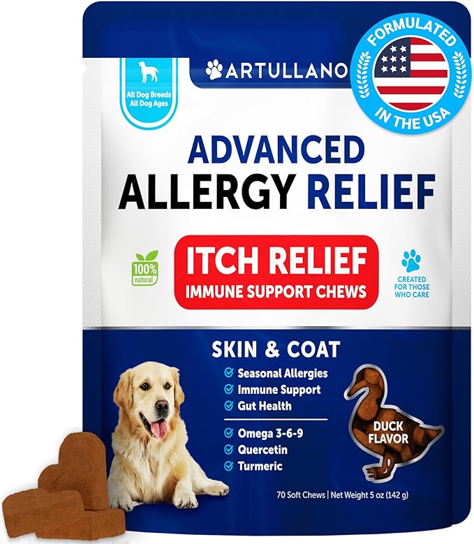 Dog Allergy Relief Chews - Dog Itching Skin Relief Treatment Pills - Itchy and Paw Licking - Anti-Itch Support - Immune Skin & Coat Supplement - Dry Skin and Hot Spots - 70 Treats