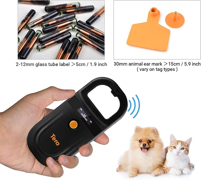 Tera Pet Microchip Reader Scanner with D-Ring RFID Portable Animal Chip ID Scanner with OLED Display Screen Rechargeable Data Storage Tag Scanner EMID FDX-B(ISO11784/85) for Dogs Cat Animal Management